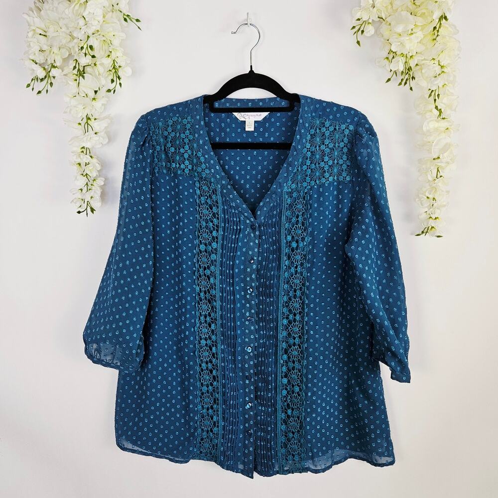 Krazy Kat Blouse Blue Swiss Dot Lace Button Up Large Boho Sheer Cottage Fairy
